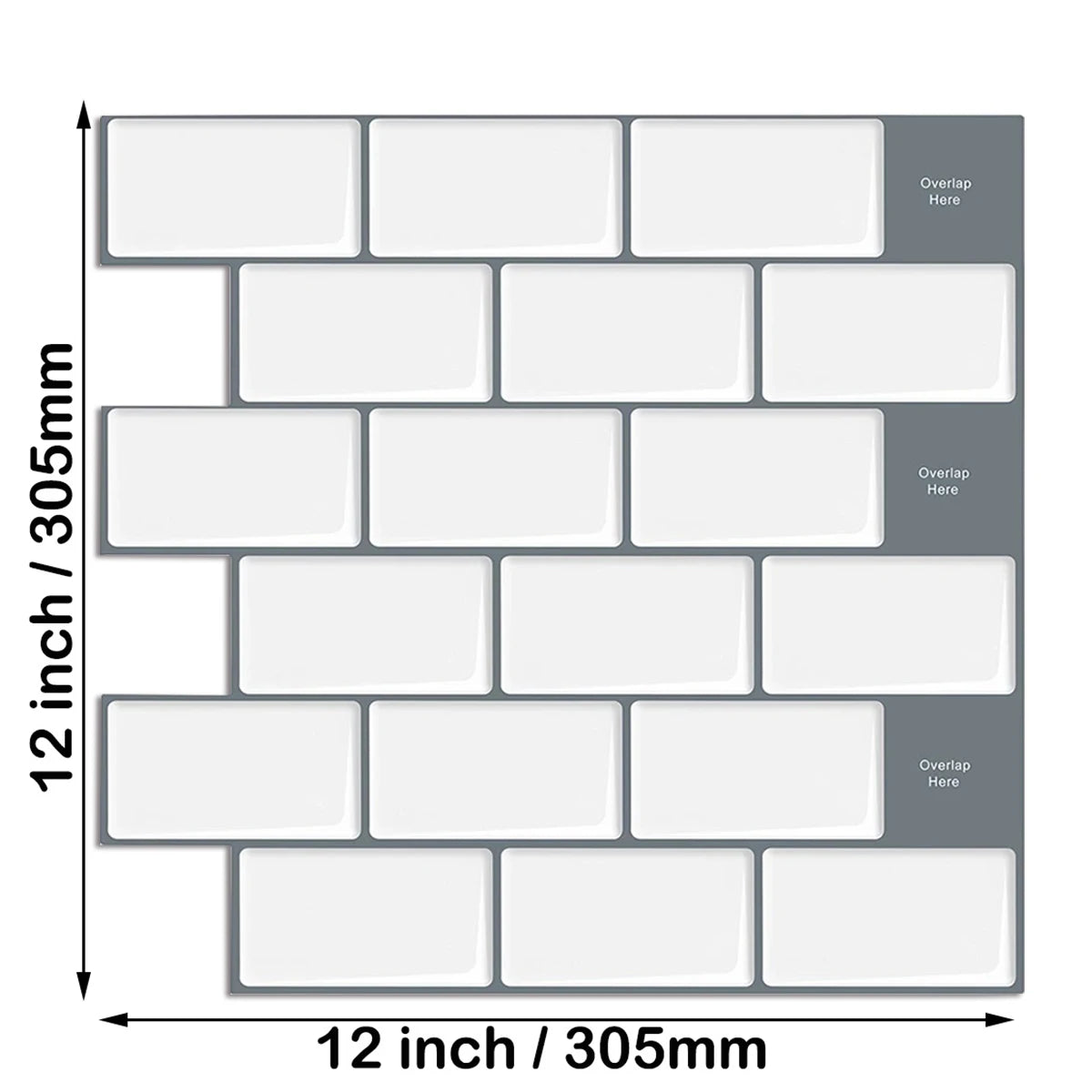 Self-adhesive white brick-look vinyl wall tile layout with overlap guides