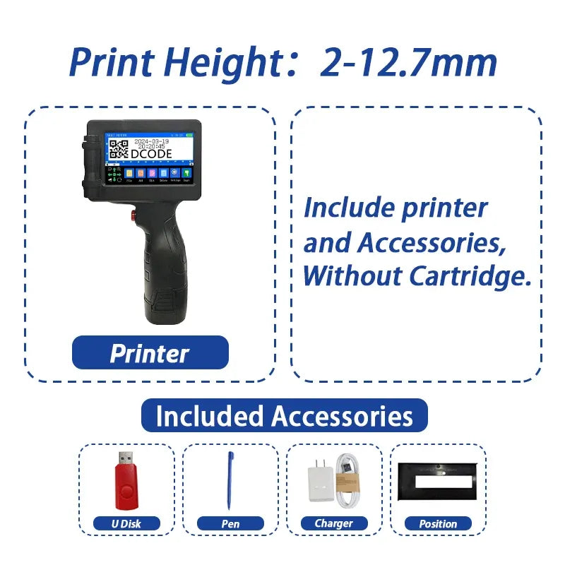 Handheld inkjet printer with accessories diagram, print height 2–12.7mm, without cartridge