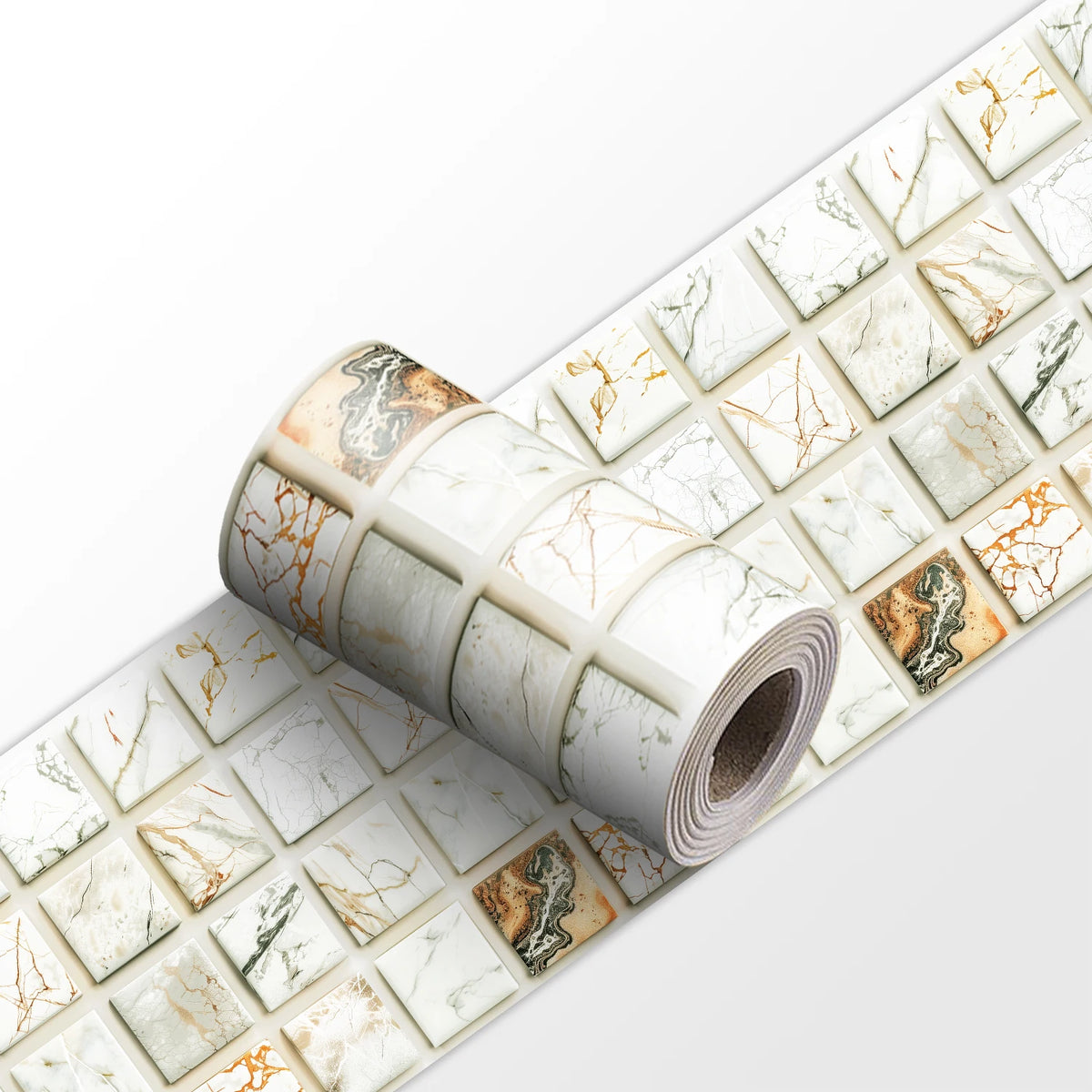 Peel-and-stick mosaic tile wall border sticker, white and beige marble square pattern roll