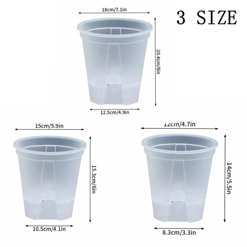 Self-watering flower pot set of 3, clear double-layer round pots with drainage inserts