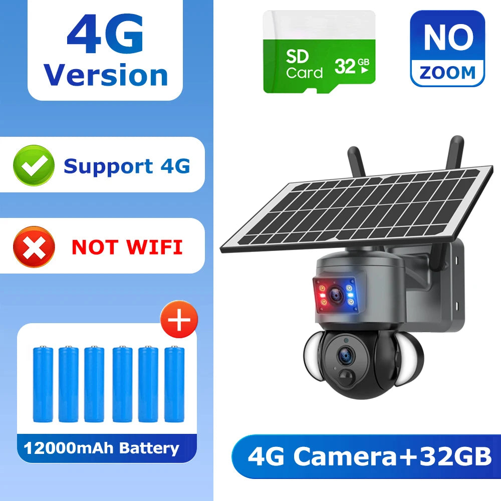 Solar-powered PTZ outdoor security camera with dual lenses and hinged solar panel, black