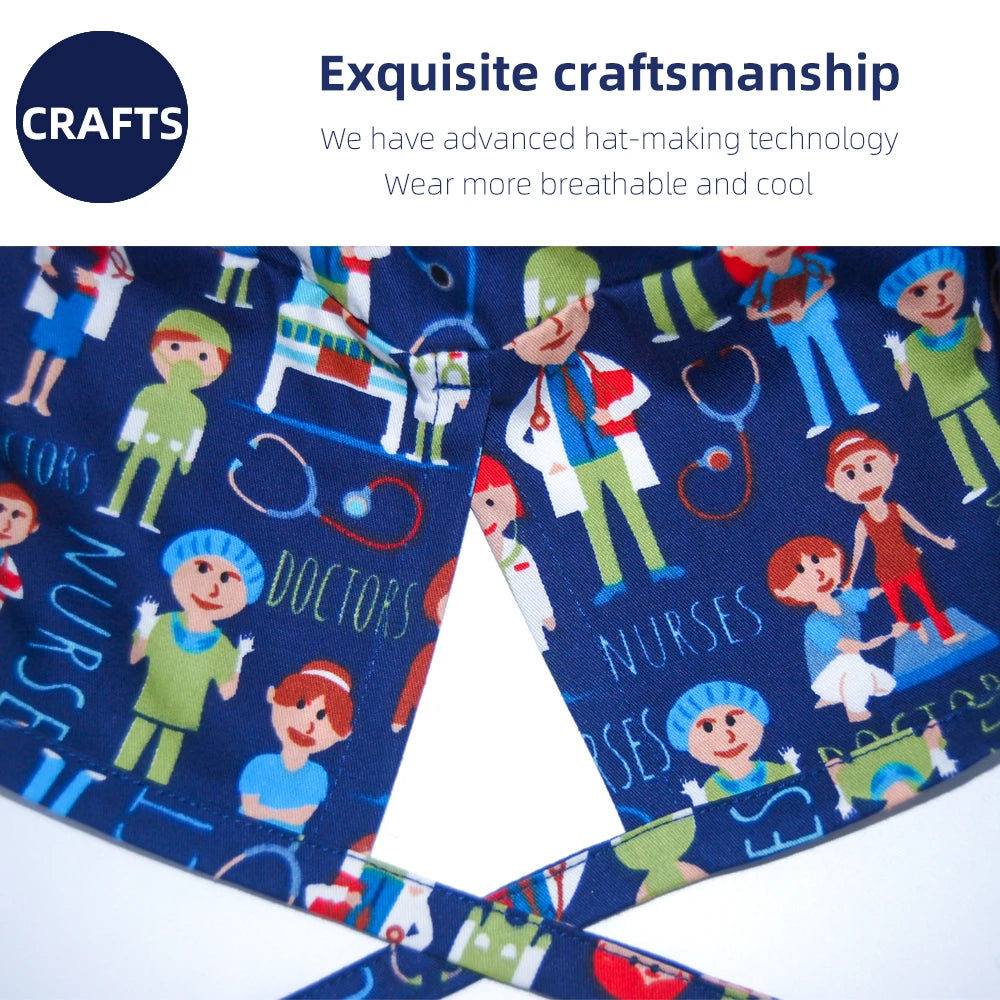Adjustable navy blue scrub cap with medical print, sweatband, and breathable fabric for vet or nursing professionals.