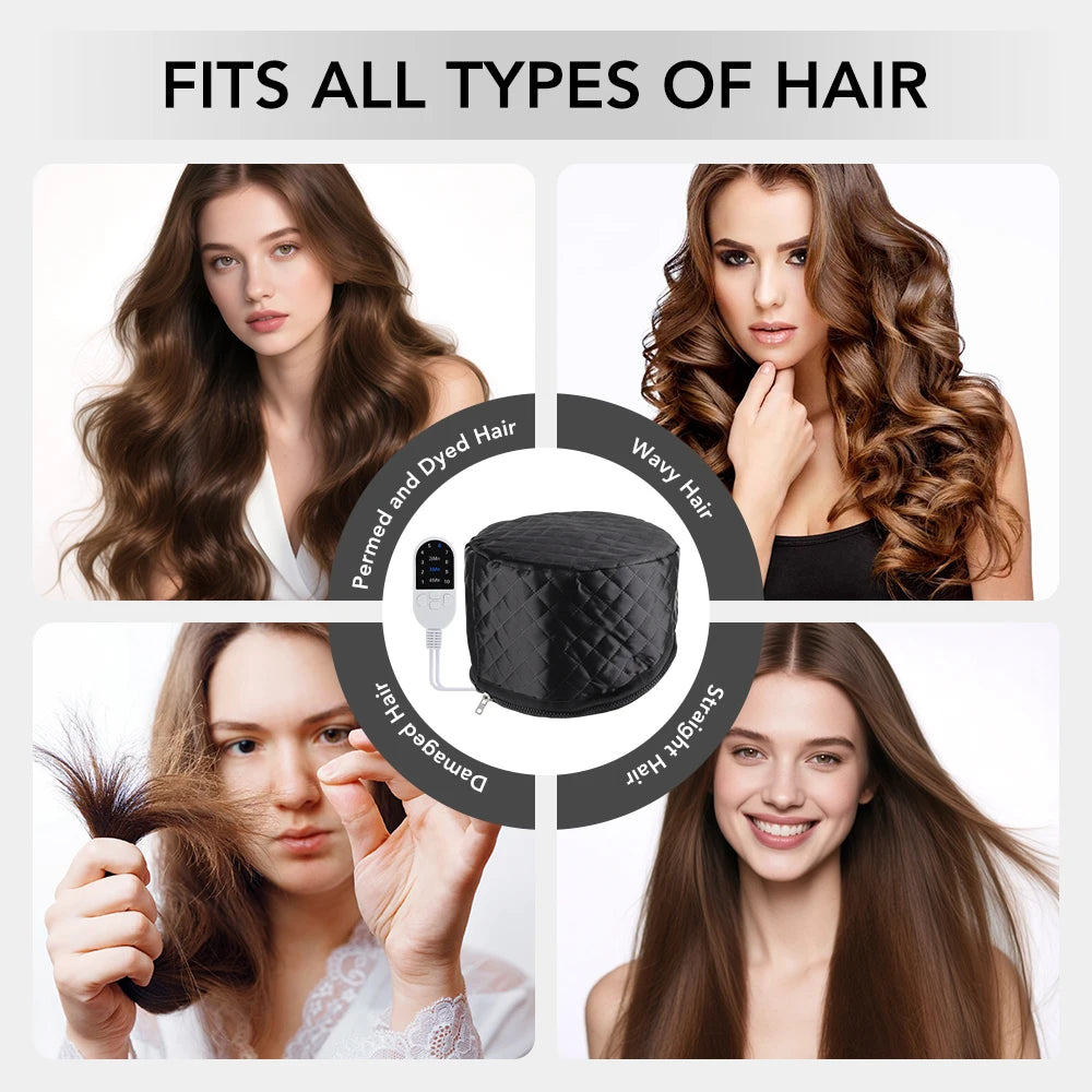 Black quilted PU electric hair steamer cap with remote for deep conditioning, home salon spa, and all hair types.