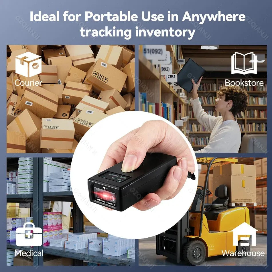 Portable wireless 2D barcode scanner in hand with red scanning beam