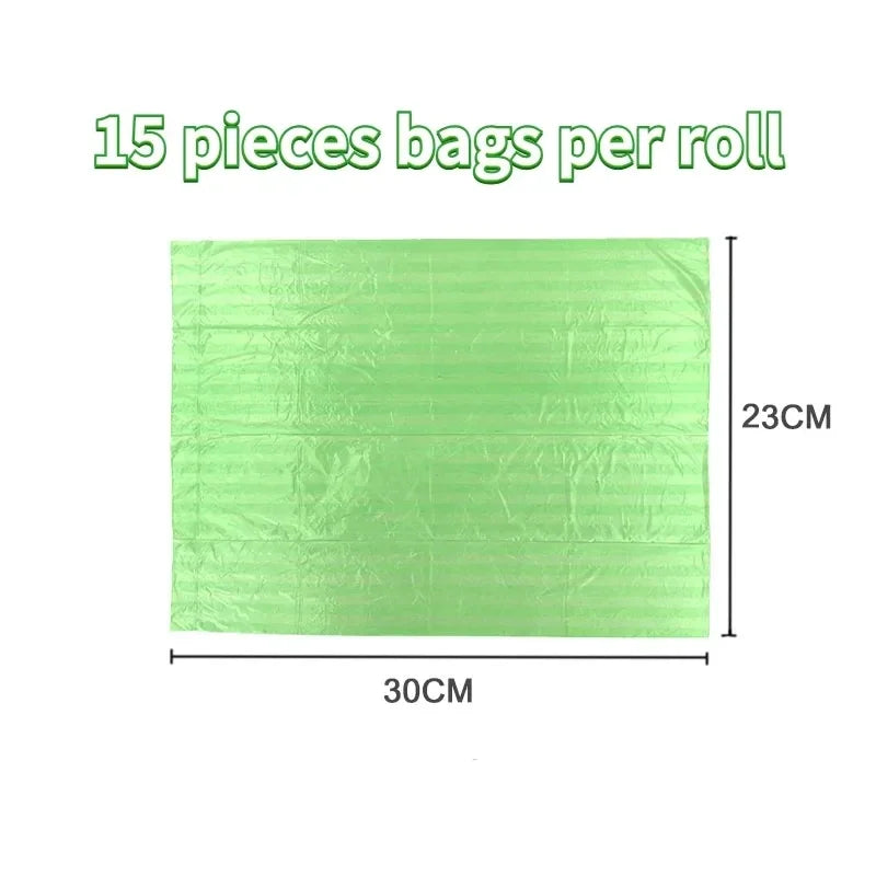 Leak-proof green dog poop bags, 23x30cm, 15 count per roll. Durable cartoon paw print waste bags for easy pet cleanup.