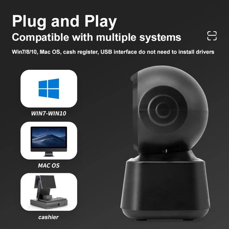 Black desktop barcode scanner with red scan ring and smooth rounded base.