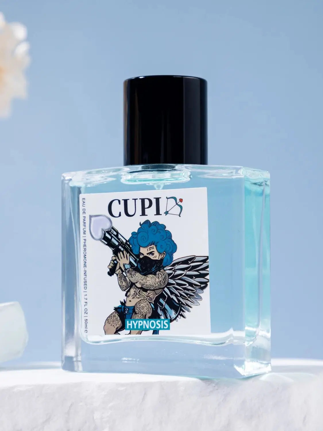 Cupid Hypnosis 2.0 pheromone cologne for men: 50ml EDP in a square glass bottle with blue liquid and cupid art label.