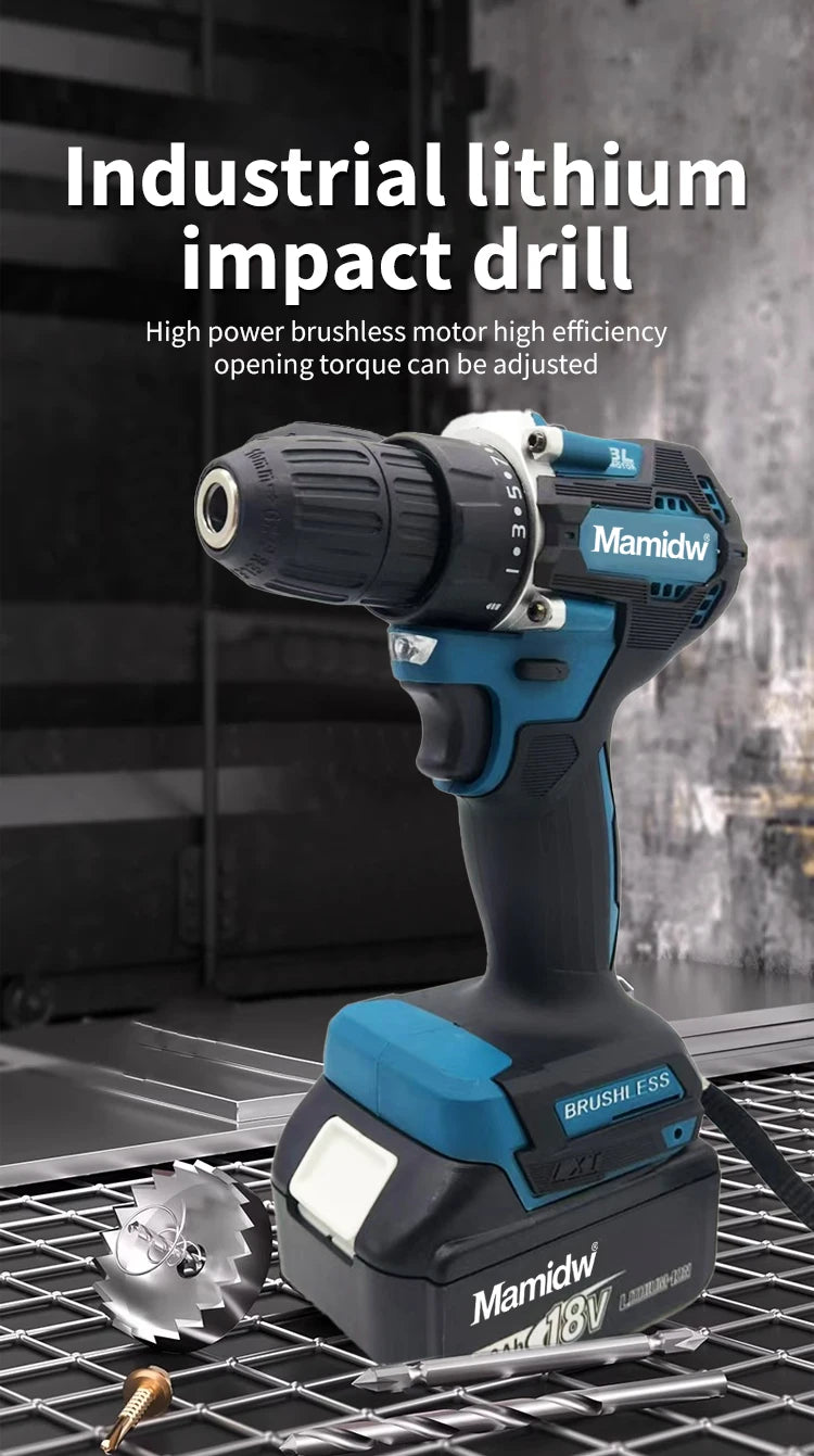 Mamidw 18V Brushless Cordless Drill, 2 Speed Adjustable Handheld Power Drill, Multi Torque Setting Electric Drill for Wood Metal Screwdriving & Drilling, Compatible with Makita 18V Battery PIN.