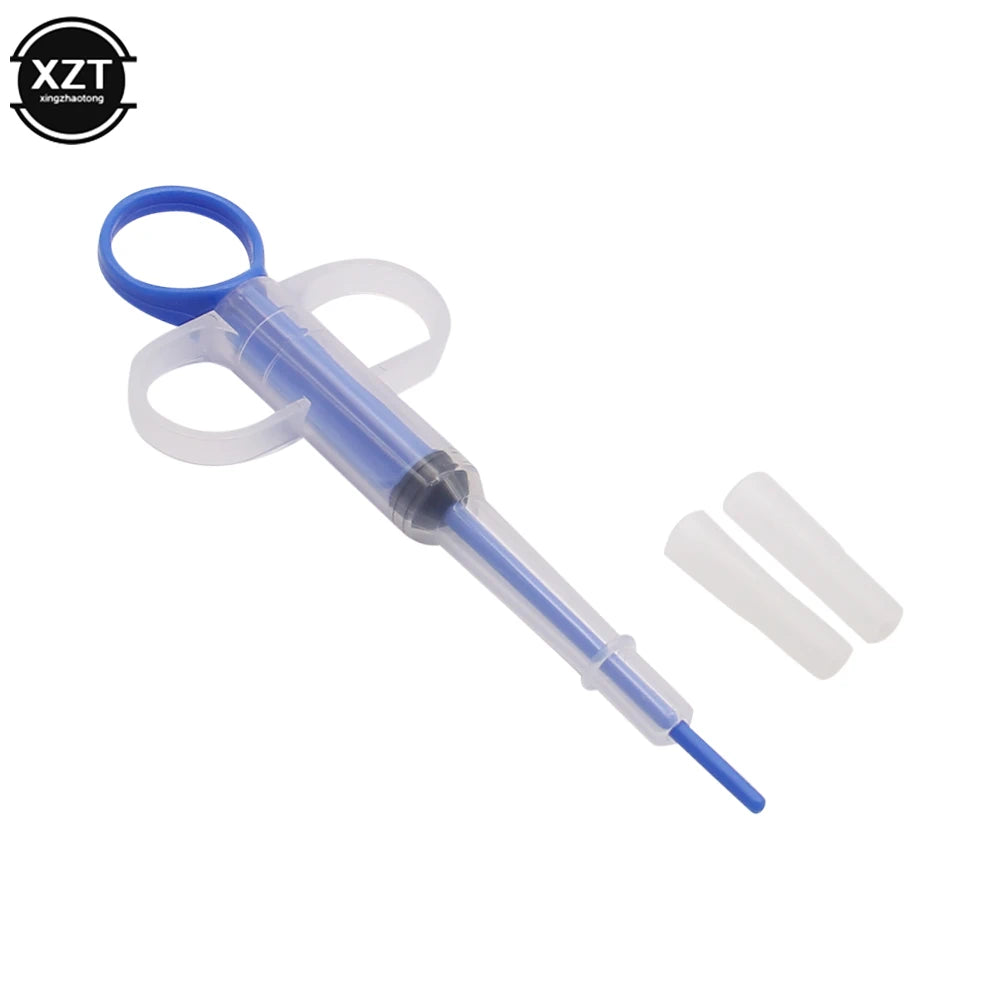 Blue plastic pet pill dispenser syringe with silicone tips for easy tablet, medicine, or water feeding for cats and dogs.
