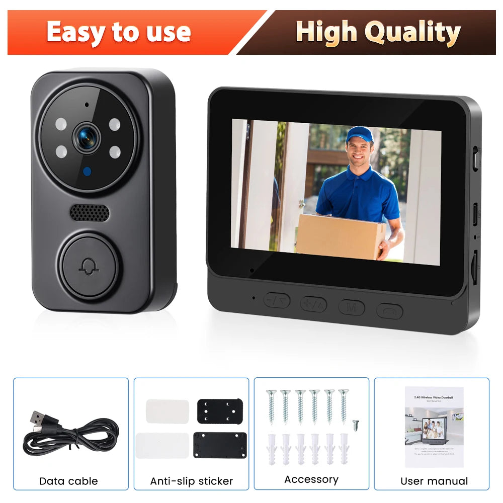Video doorbell system with 4.3-inch screen, data cable, and mounting accessories