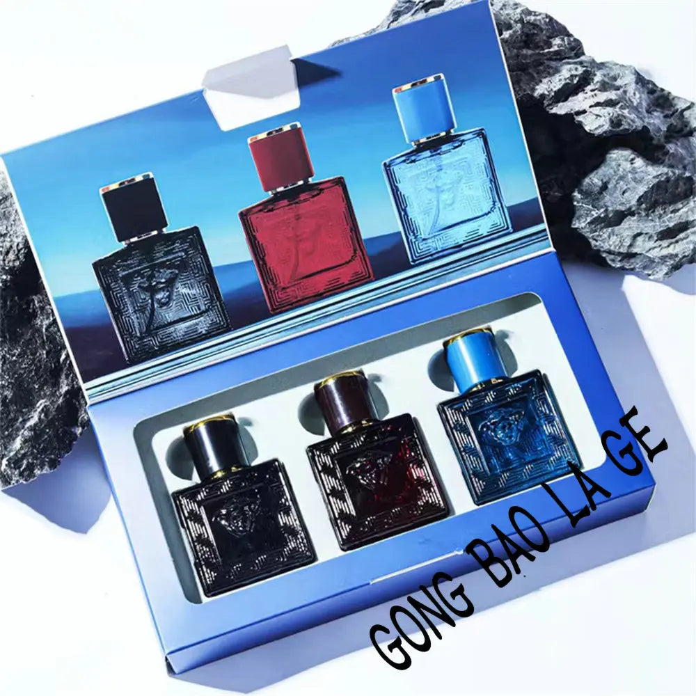 3-piece men's cologne gift set, square glass bottles, lasting EDP fragrance, luxury long-lasting perfume for men.