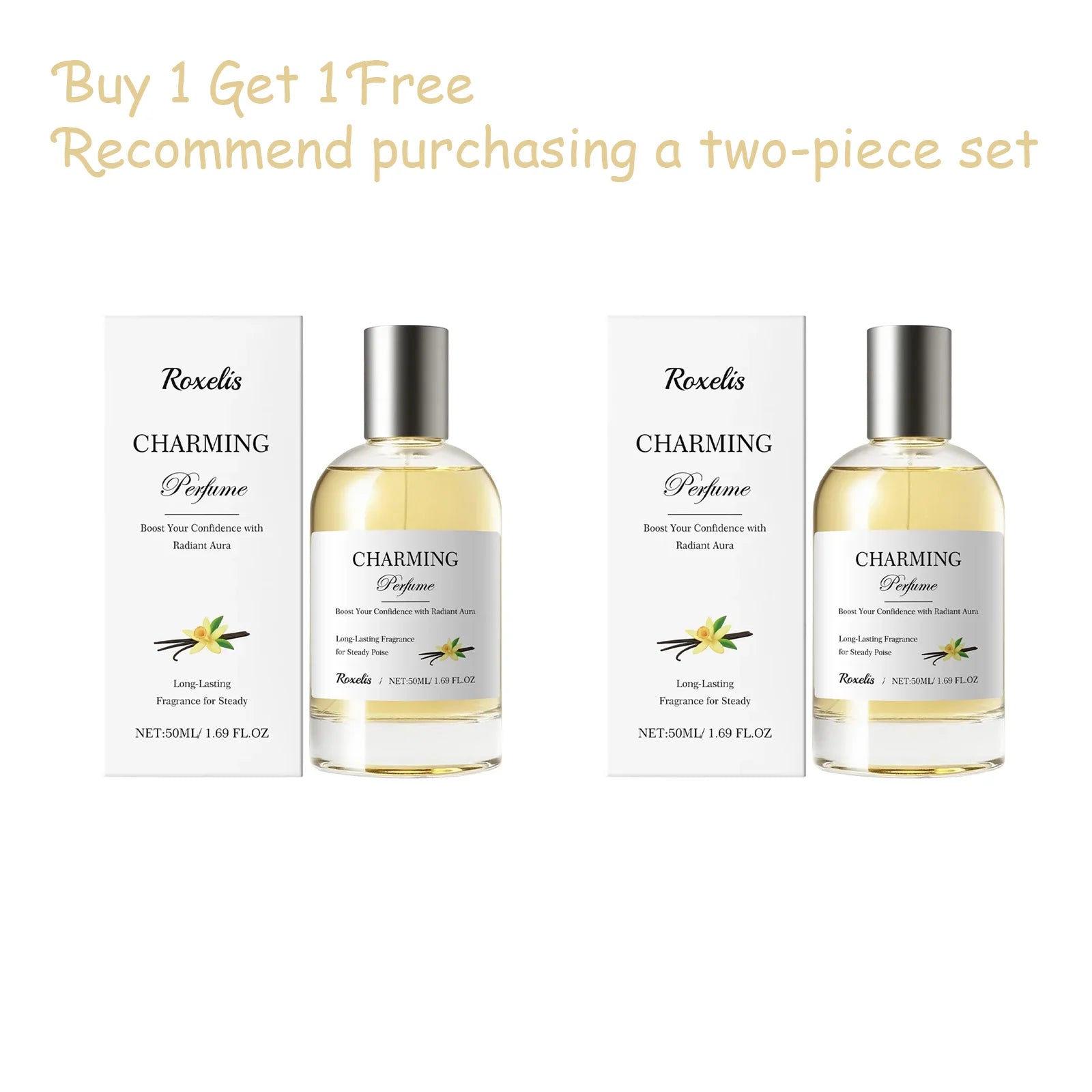 Roxelis 50ml Amber Vanilla perfume for women. Long-lasting elegant fragrance in a round glass spray bottle. 2-piece set.