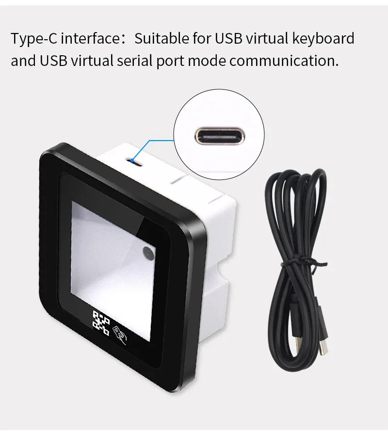 Black and white QR/RFID access scanner with Type-C port and USB cable