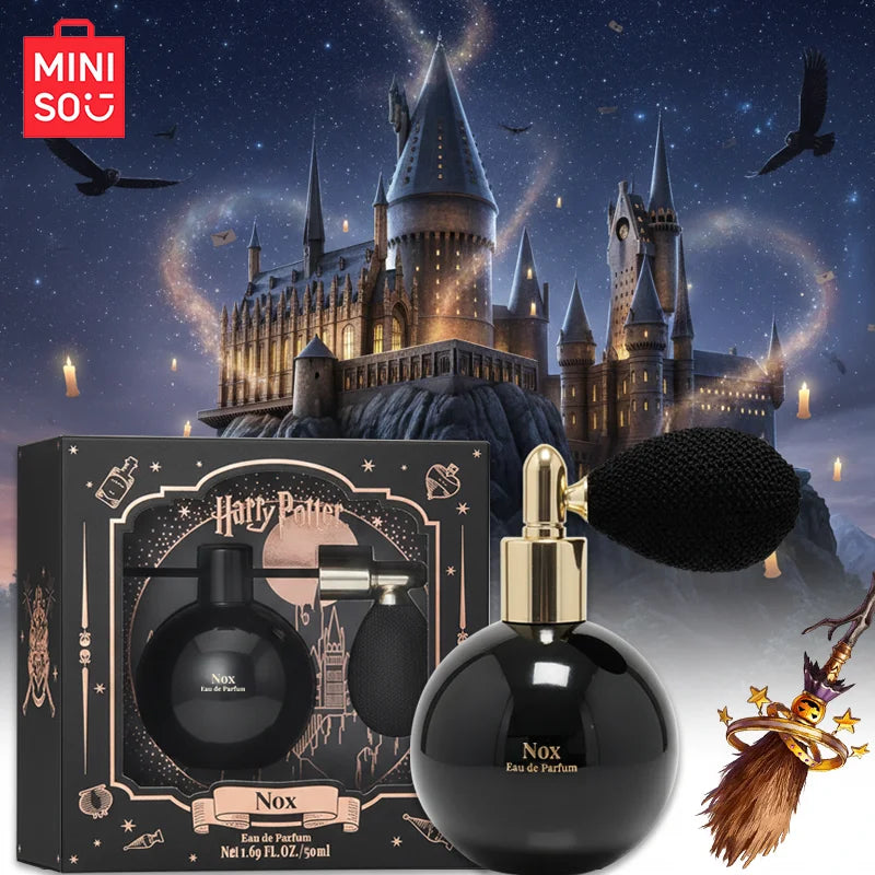 MINISO Harry Potter Nox Unisex Eau de Parfum, 50ml woody floral spray in a black round bottle with vintage pump.