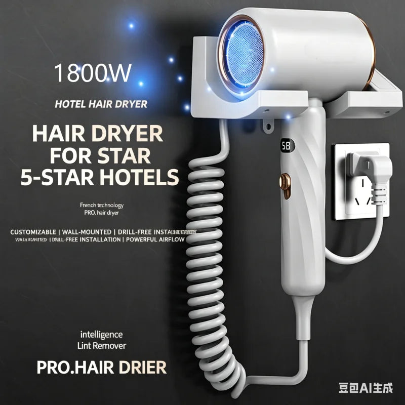 White 1800W wall-mounted hair dryer with LED display, coiled cord, and drill-free holder for hotel or home bathrooms.