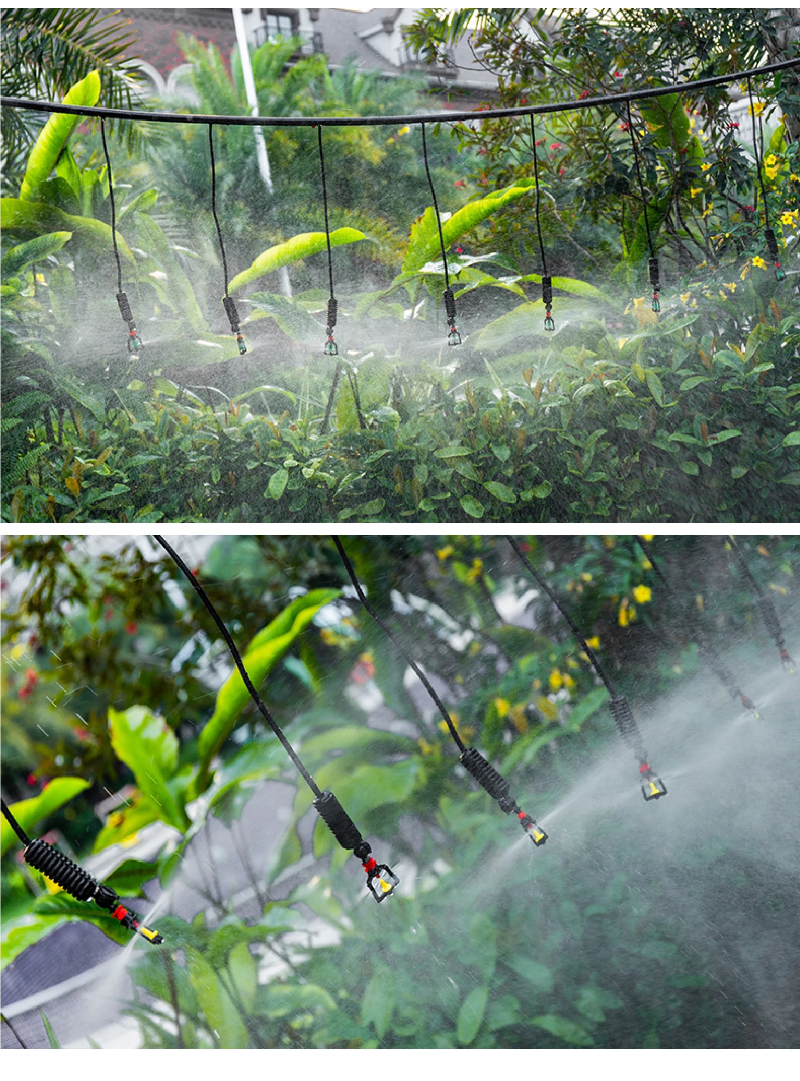 Greenhouse misting sprinkler nozzles on hanging tubes, fine spray for cooling and dust control
