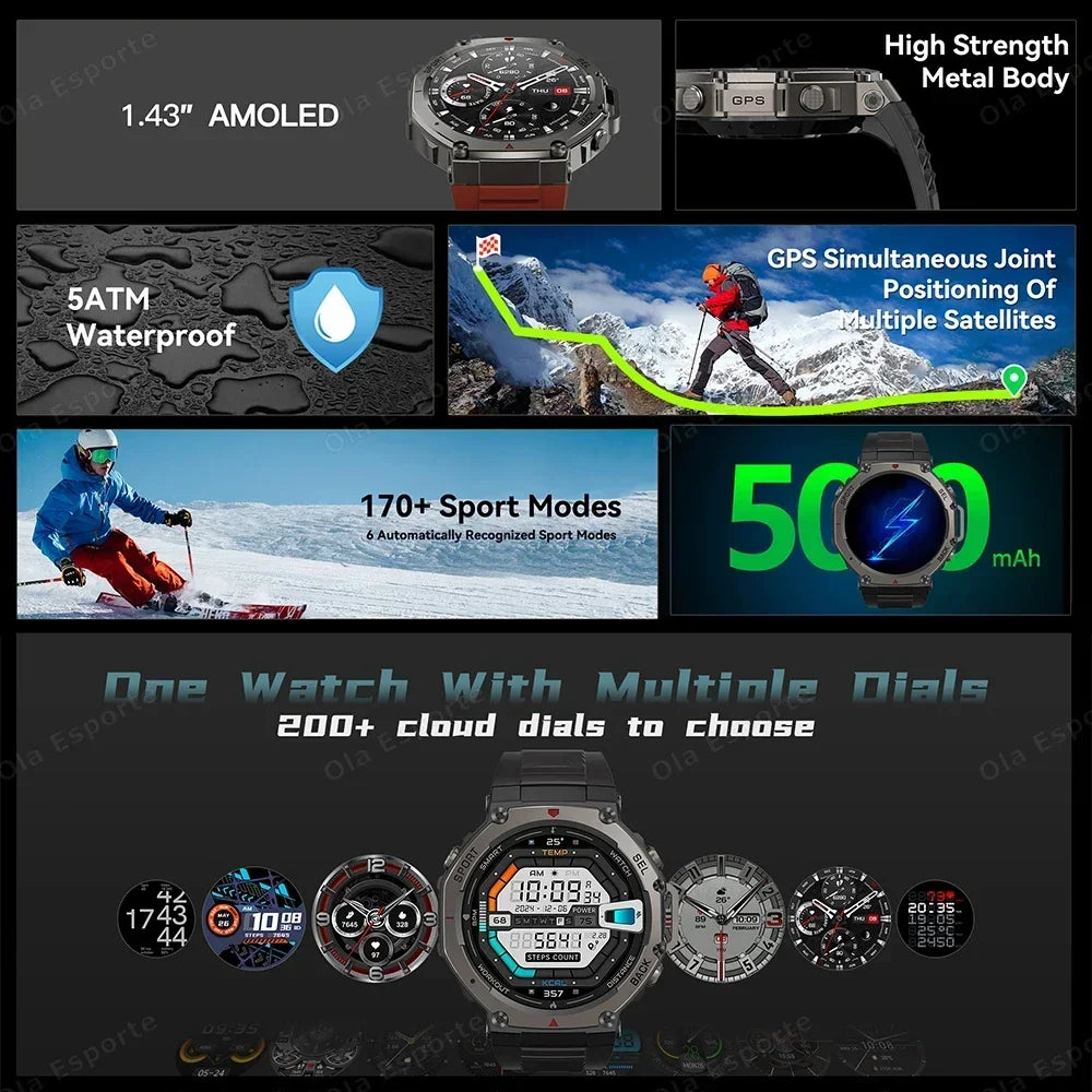 Military 2025 Smartwatch Men,1.43" AMOLED 5ATM Waterproof 170+ Sport Modes Smart Watch Built-in GPS BT Call for Xiaomi Samsung