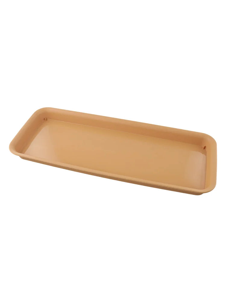 Rectangular plastic plant tray, tan-brown, angled view of shallow basin