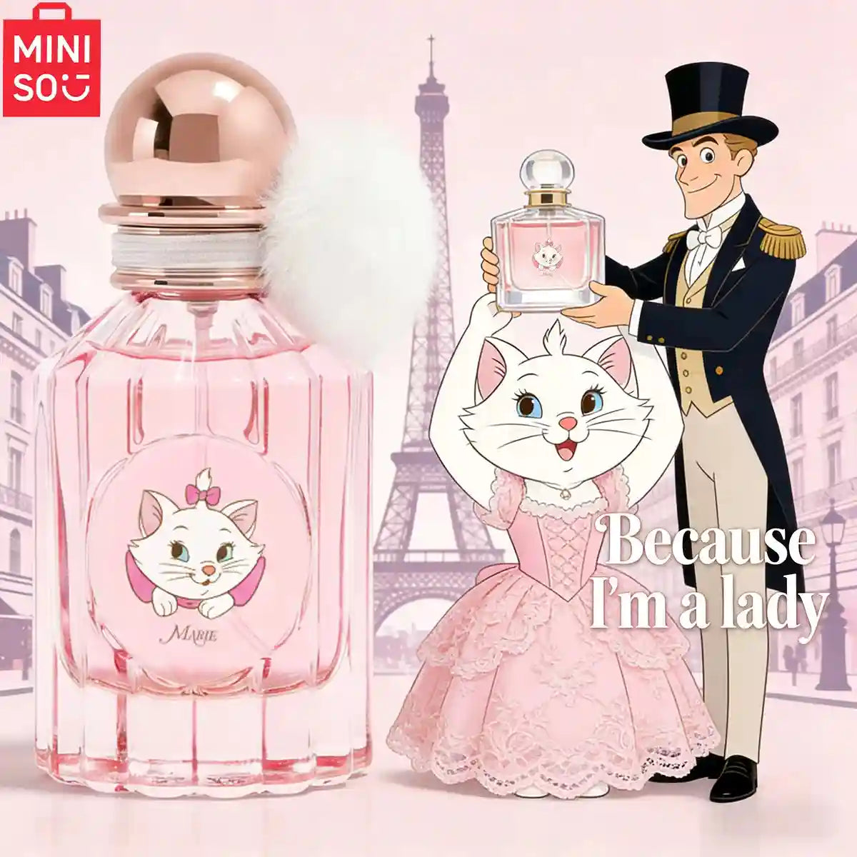 MINISO Disney Marie 50ml floral fruity perfume for women. Pink glass bottle with white pom-pom, Parisian-themed gift.
