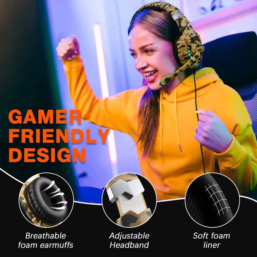 Gaming Headphones with Microphone - Yellow Camo Wired Over-Ear Headset Tidesmit