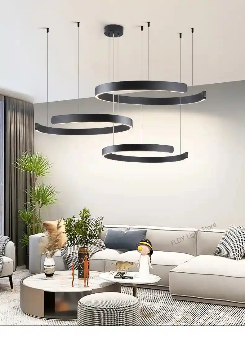 Modern 3-Ring LED Chandelier - Adjustable Dimmable Black Finish Tidesmit