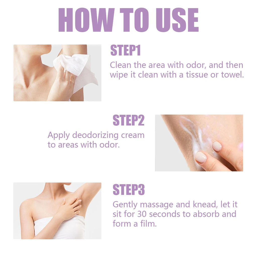How to use floral deodorant cream: three-step instructional guide with white, smooth, moisturizing texture application.