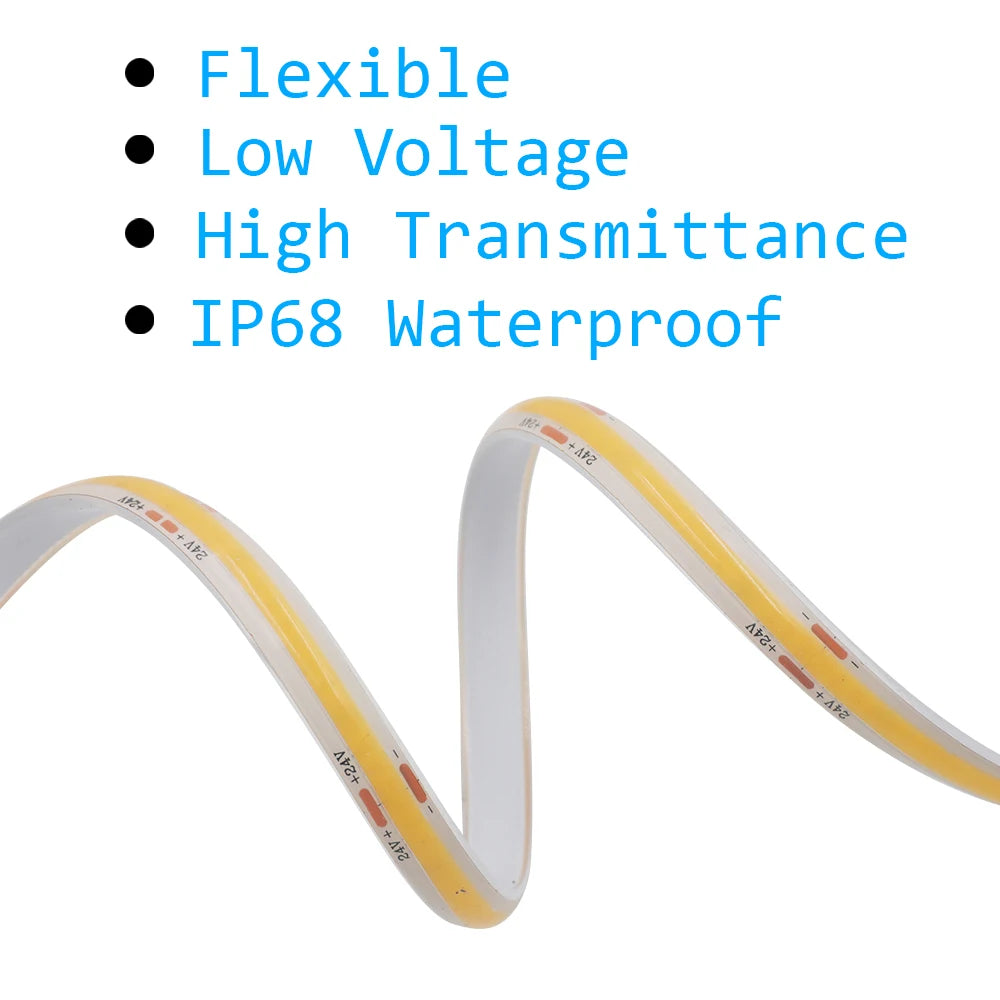 12V 24V IP68 Waterproof COB LED Strip Light 5m 10m 15m 20m 0.5m Flexible Tape IP30 320 LEDs High Density Bright Liner Lighting