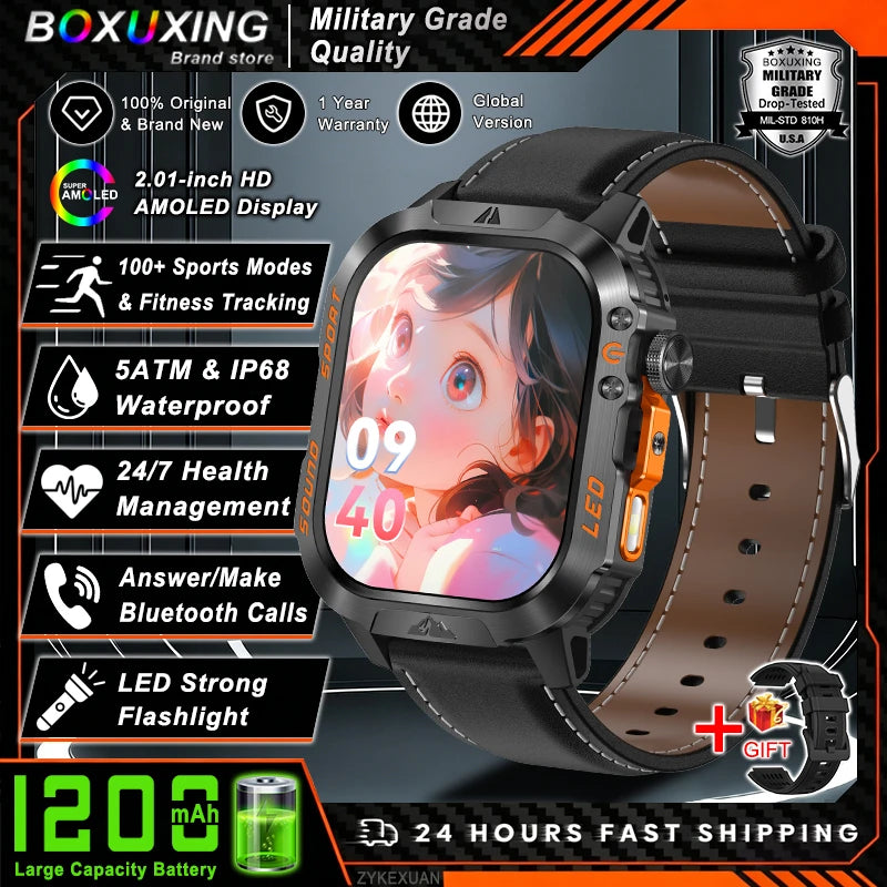 New Military Grade 1200mAh Battery Smartwatch Men 5ATM Waterproof Sports Tracker Flashlight Heart Rate AMOLED Screen Smart Watch