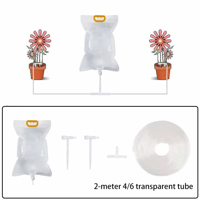 Automatic drip irrigation watering bag kit with 2 m transparent tube and stakes, adjustable dripper