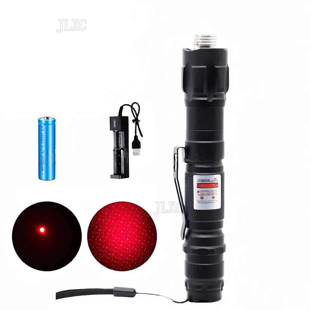 Black adjustable laser pointer for cat exercise with 5 beam caps, rechargeable battery, and USB charger.