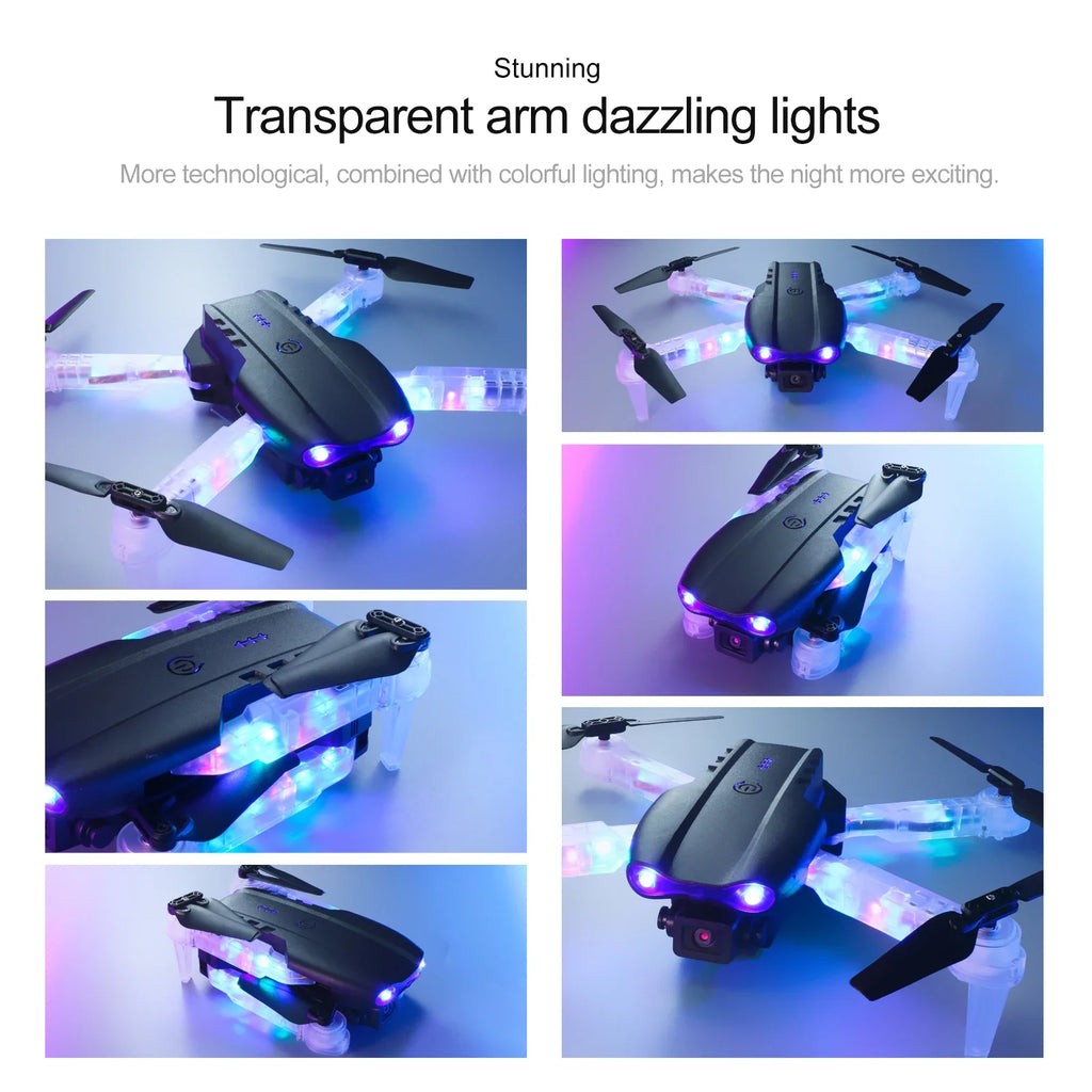 Collapsible black drone with transparent, LED-lit arms and black propellers for night flight.