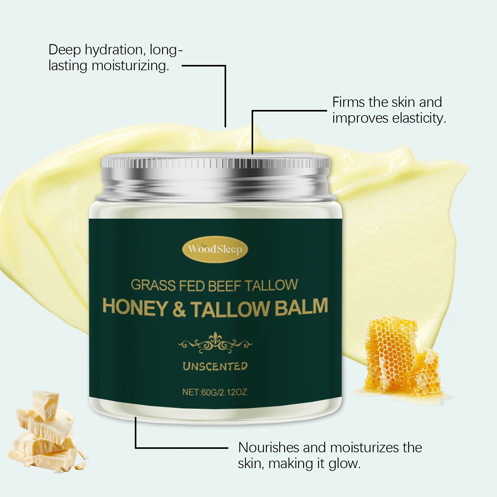 Woodsleep Organic Grass Fed Beef Tallow Balm Unscented Facial Rejuvenation Cream Deep Hydration Lifting Face Care Honey Extract