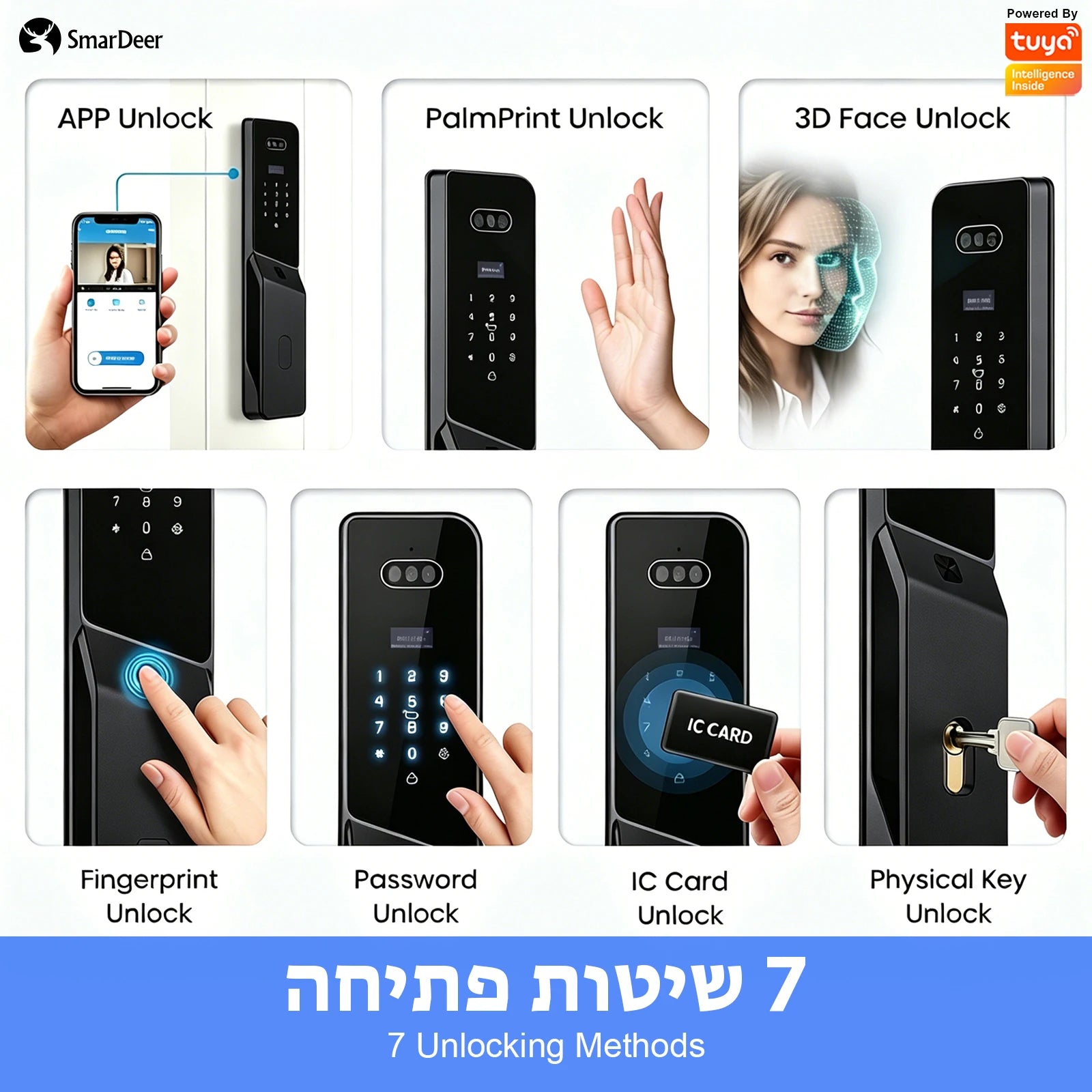 SmarDeer ﻿IS 6590 IP66 Waterproof Outdoor Smart Lock,Face & Palm Vein Recognition lock with Hebrew Menu,Tuya App Video Call