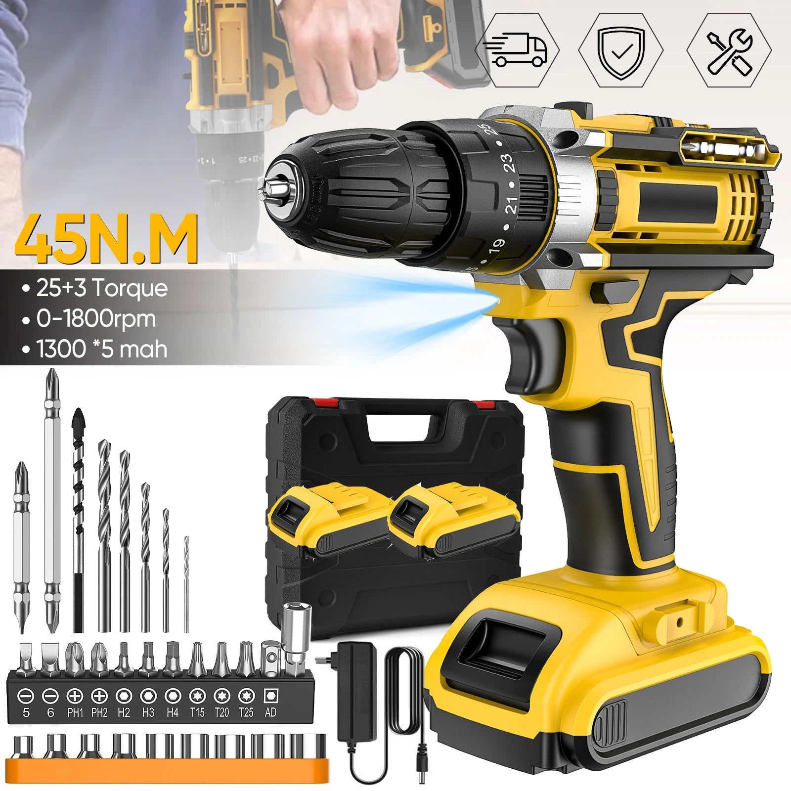 45N.m 1800RPM Cordless Electric Impact Drill 25+3 Torque Settings Electric Screwdriver Power Tool With 2PCS Batteries For Home DIY Woodworking
