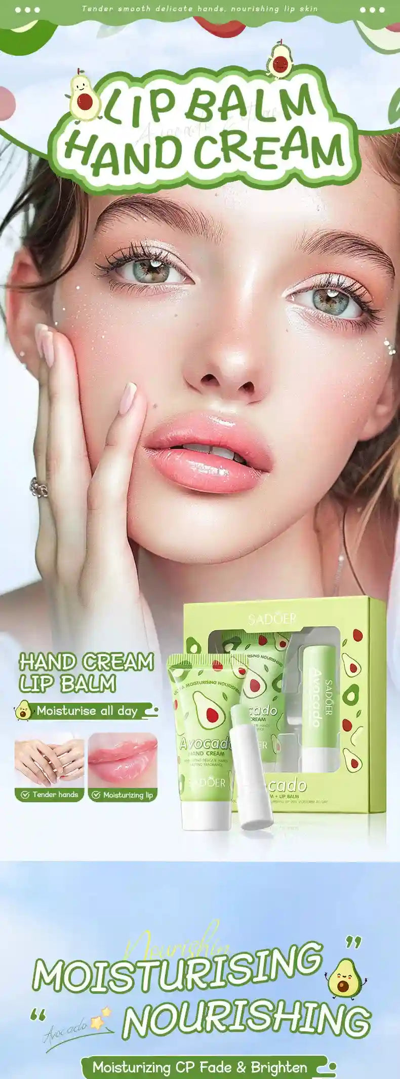 Avocado Nourishing Hand Cream & Lip Balm Set for Dry Skin Repair Lip Care Tidesmit