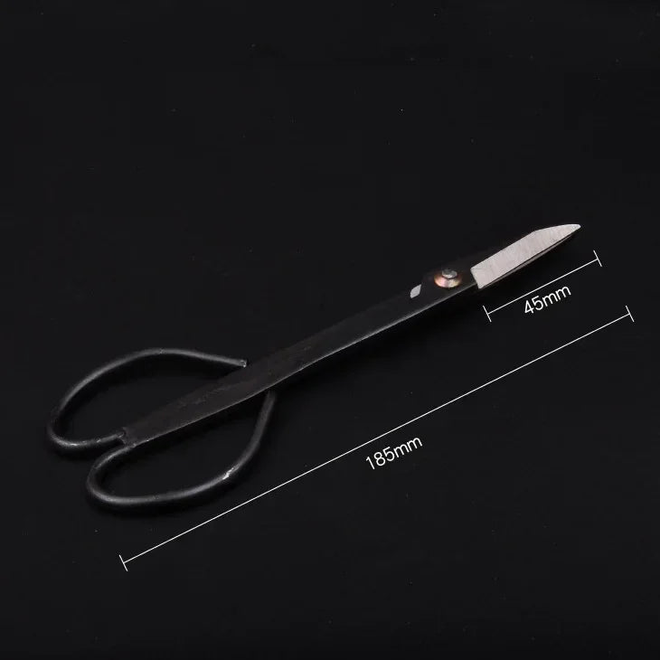 Bonsai pruning scissors with black loop handles; shown length 185 mm and blade 45 mm