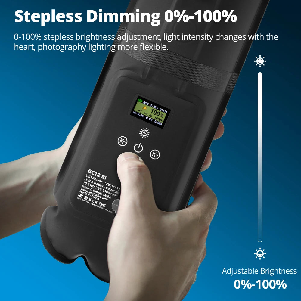GC12 BI handheld black LED light tube with digital display and controls for stepless brightness adjustment.