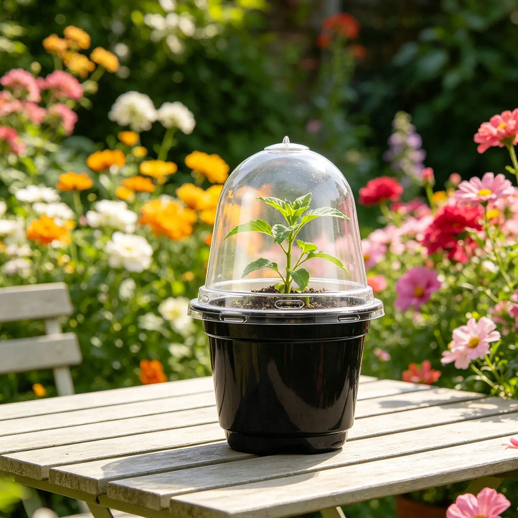 Seedling in black nursery cup with clear dome lid for germination