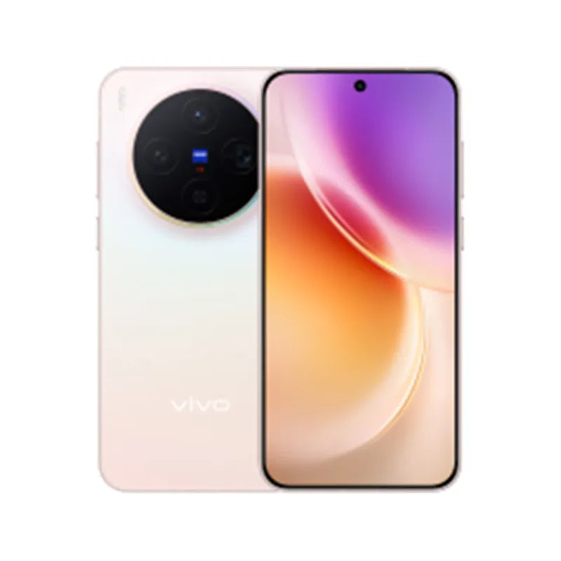 White Vivo X300 smartphone, front and rear view, 200MP Zeiss camera, AMOLED display, Dimensity 9500 5G Android phone.