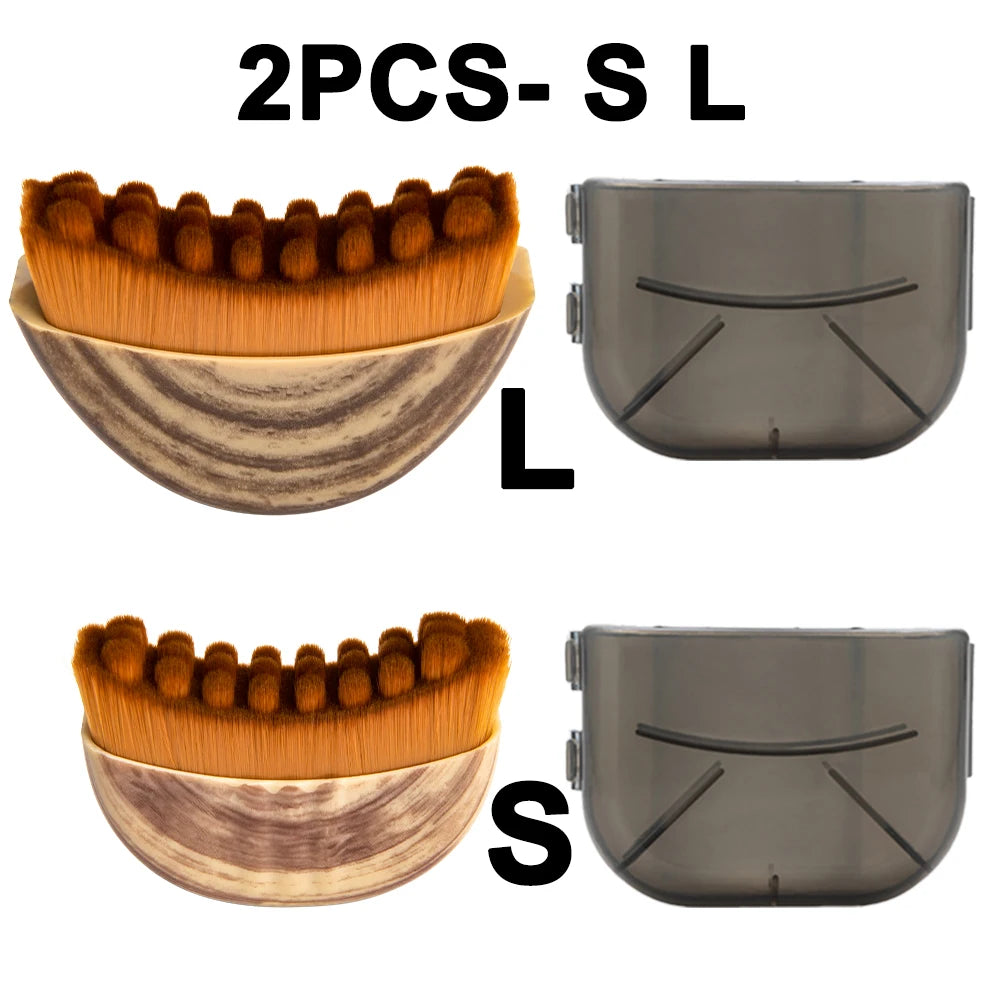 Two curved face massager brushes in wood-grain finish with brown bristles and gray protective covers, sizes L and S.