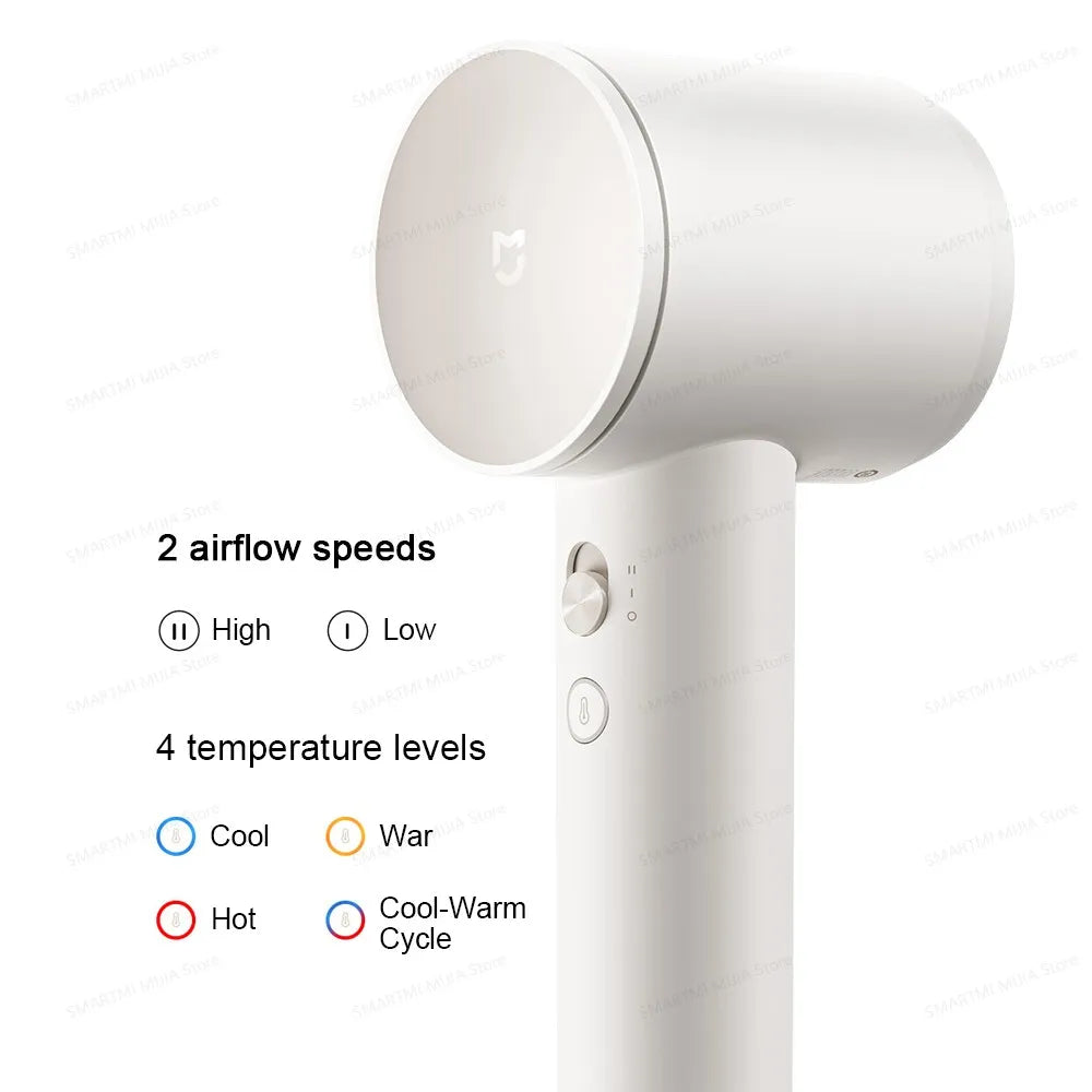 White MIJIA high-speed hair dryer with 2 airflow speeds and 4 temperature settings for professional hair styling.