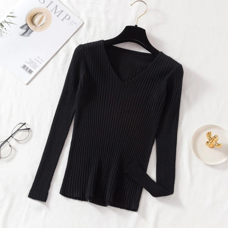 2026 Casual Long Sleeve Knitted V Neck Pullover Autumn Winter Women Sweaters Femme Basic Solid Jersey Tops Fashion Clothes