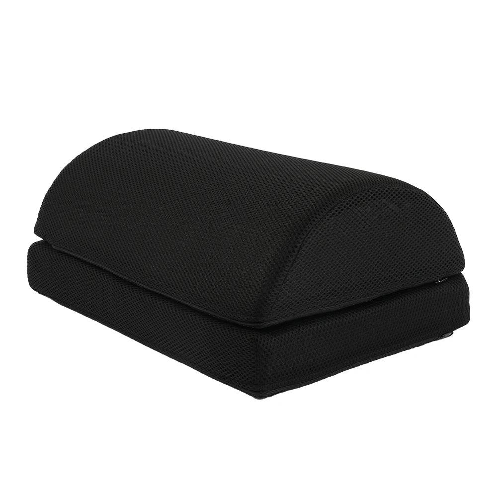 Black ergonomic under desk foot rest with mesh fabric cover, adjustable height foam stool for office and gaming chairs.