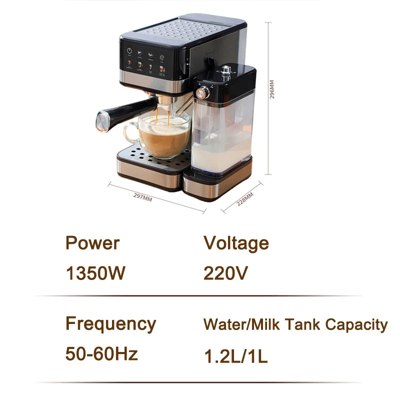 Black and stainless steel espresso machine with milk frother, 1.2L water tank, and digital touch control panel.