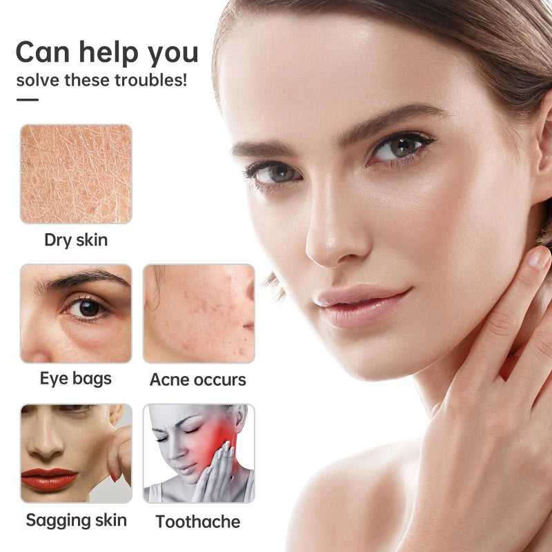 Graphic showing a woman's face next to squares displaying skin concerns: dry skin, eye bags, acne, sagging, and pain.