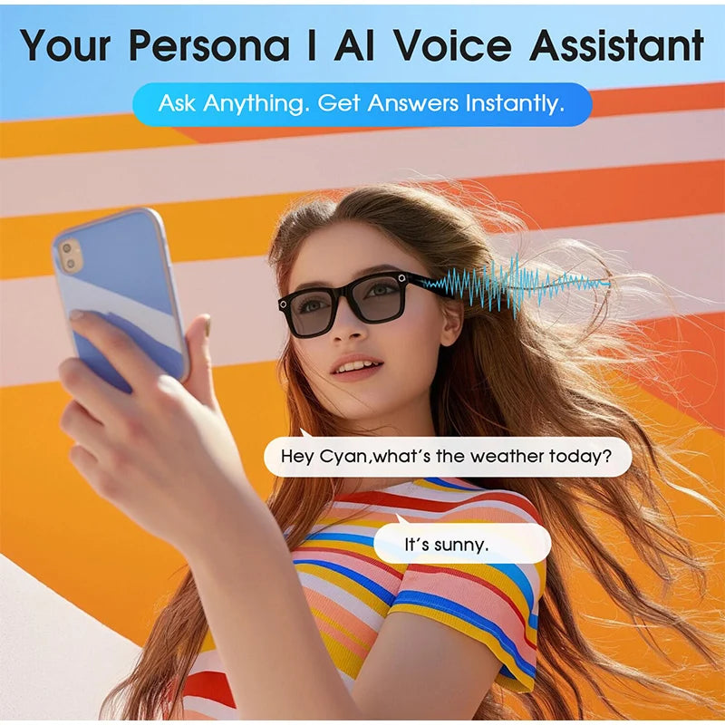 Woman wearing black rectangular smart glasses with built-in voice assistant technology, connected to a smartphone.