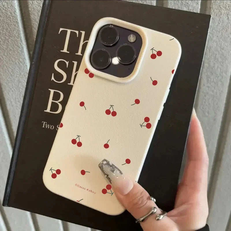 iPhone 16 Phone Case - Cherry Pattern Silicone Shock-Absorbing Cover Antique White Tidesmit