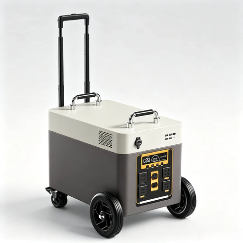 Large portable power station on wheels with telescoping handle, multiple AC/USB ports, and a digital display.