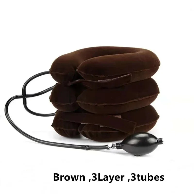 Inflatable Neck Traction Device | Adjustable Cervical Support Pillow Fascia Gun Brown 3 Layer 3tubes Tidesmit