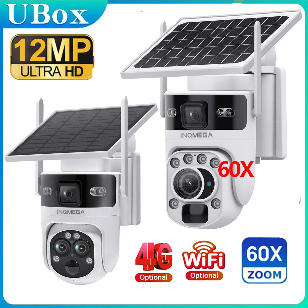 INQMEGA 12MP 60X Optical Zoom 4G/WiFi Solar Camera Dual Screen PTZ PIR Detection Auto Tracking CCTV Surveillance Cameras Ubox